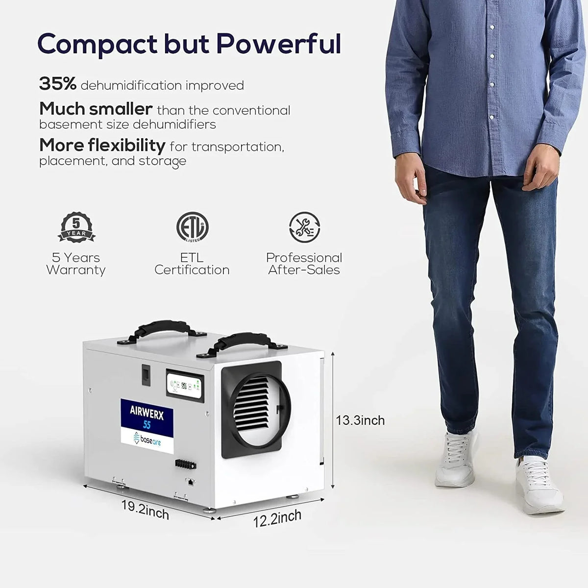 Refine Air Treatment BaseAire 113 Pint Commercial Dehumidifier with Drain Hose for Crawl Spaces, Basements, Auto Defrost, Memory Starting