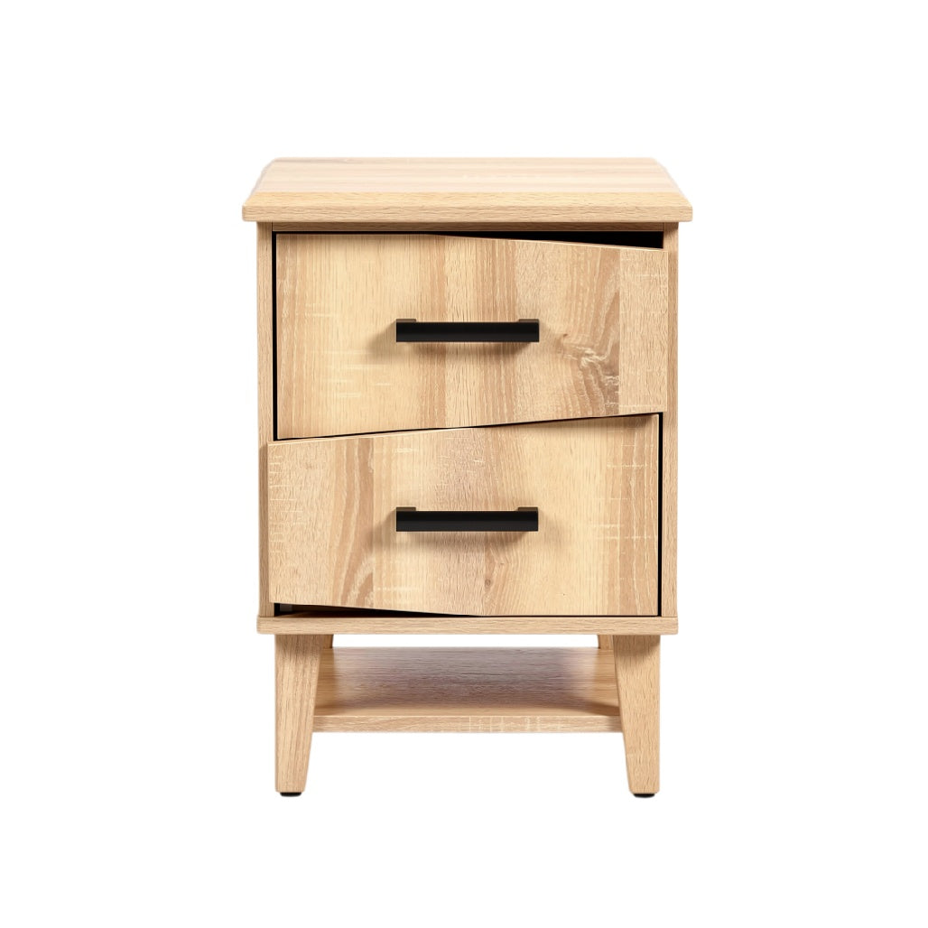 Modern Wooden Nightstand with Two Drawers and Sleek Black Handles
