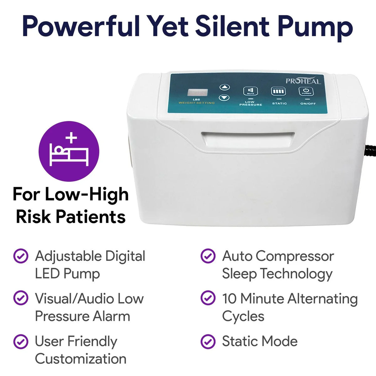 Proheal Low Air Loss Alternating Pressure Air Mattress with Digital Silent Air Pump & Side Perimeter - 36” x 80” x 8/11"