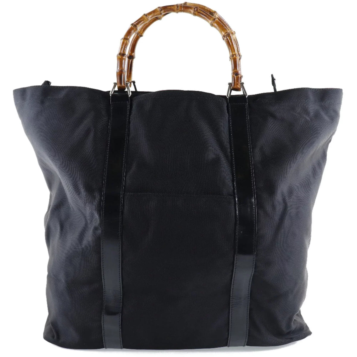 Pre-Owned GUCCI Gucci Bamboo Bag 002-2058-0412-5 Nylon Canvas x Leather Black Unisex Tote (Fair)
