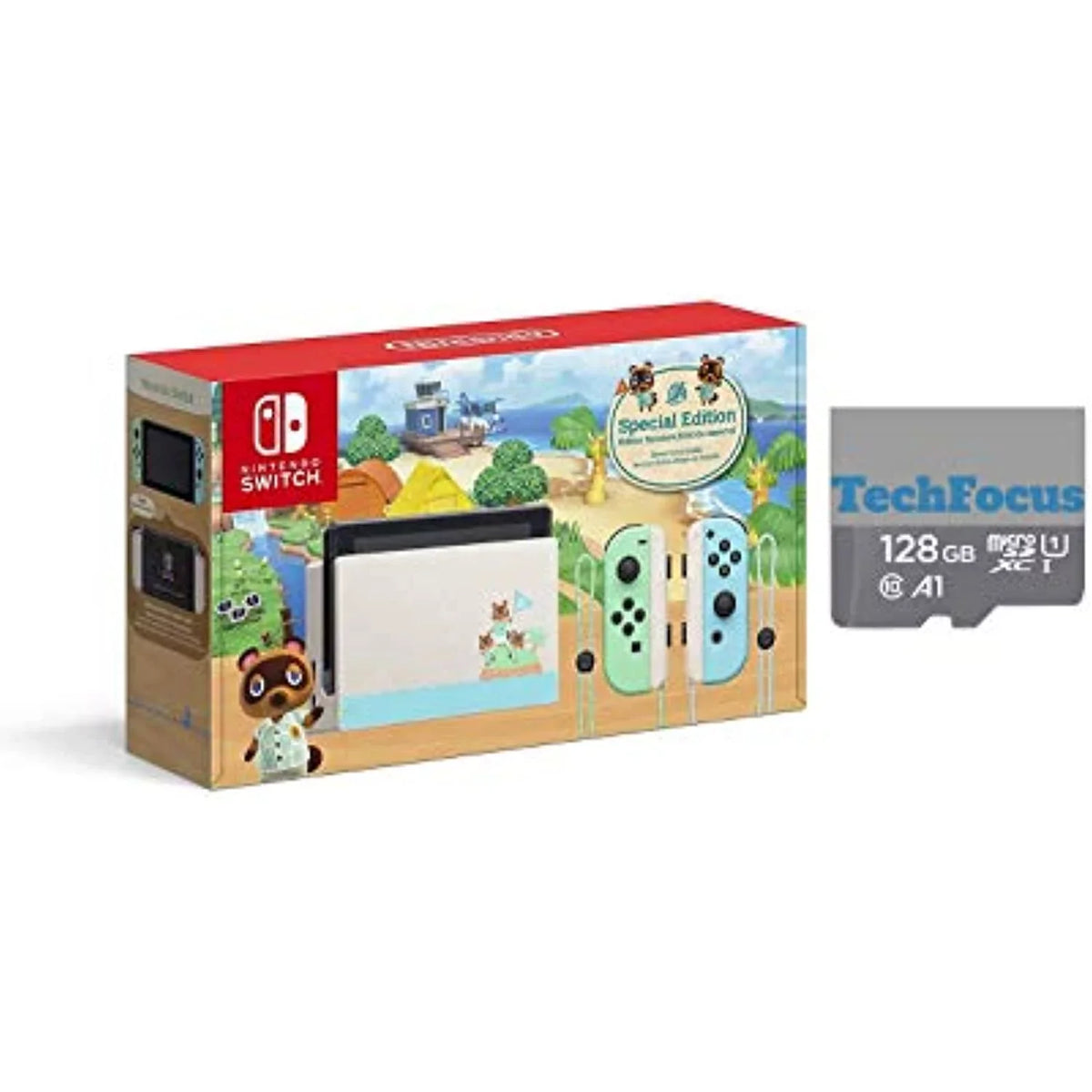 Nintendo Switch with Green and Blue Joy-Con - Animal Crossing: New Horizons Edition - Touchdisplay LCD Display with128GB MicroSD Card Holiday Bundle