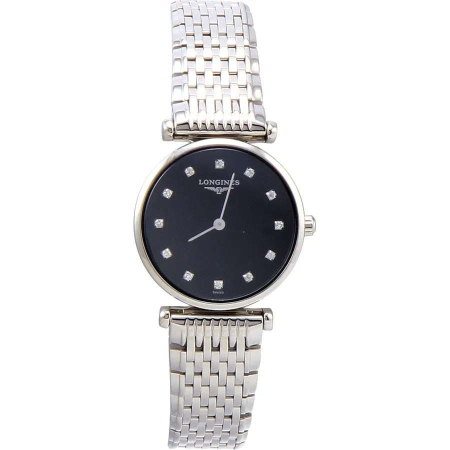 Longines Women's 24mm Steel Bracelet & Case S. Sapphire Quartz Black Dial Analog Watch L42094586