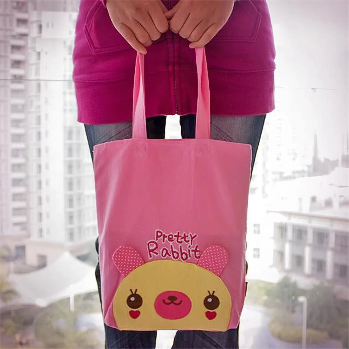 HQ-36-RABBIT 9.5 x 10.6 x 2.1 in. Pretty Rabbit - Embroidered Applique Kids Fabric Art Tote Bag & Shopper Bag