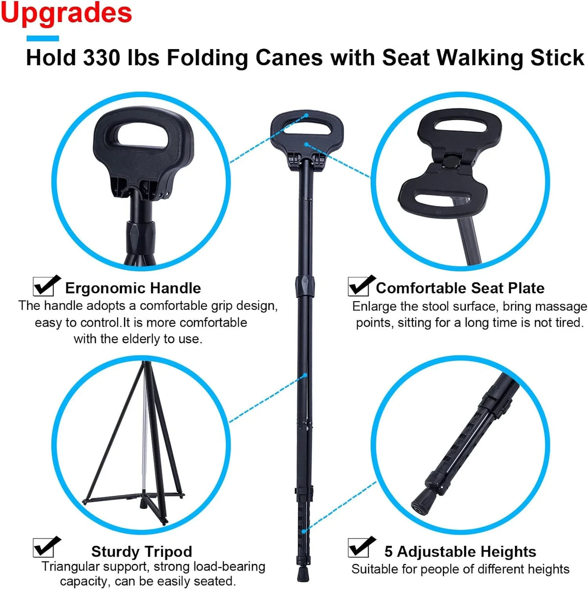 Portable Cane Seat Folding Walking Cane for Men & Women Sturdy Tripod Cane Stool Lightweight Balancing Mobility Aid Crutch Chair with Travel Bag and 2 Base Canes for Elderly, Seniors & Handicap