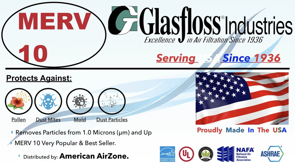 Glasfloss Air Filter 16x18x2 - 2" MERV 10 - (Pack of 6) - Pleated AC or HVAC Air Filter - Furnace Air Filter - Home or Office - Made In The USA.