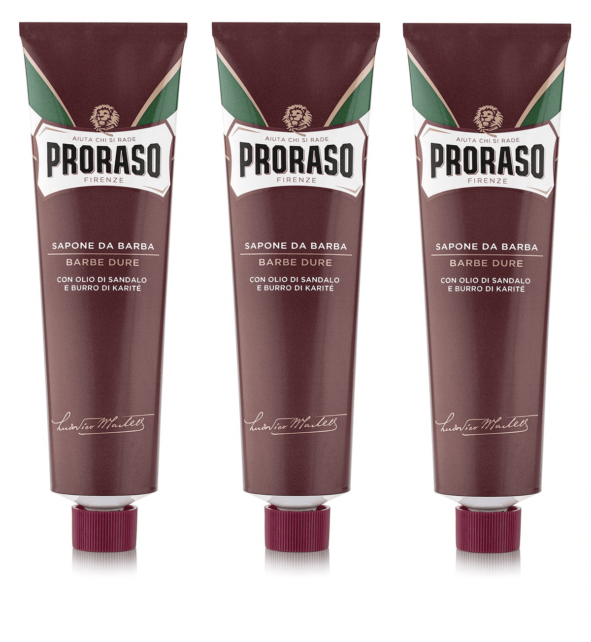 Proraso Shaving Soap Cream Sandalwood Shea Butter Sapone Da Barba in for Coarse Beard 150ml tube - RED 3 Pack