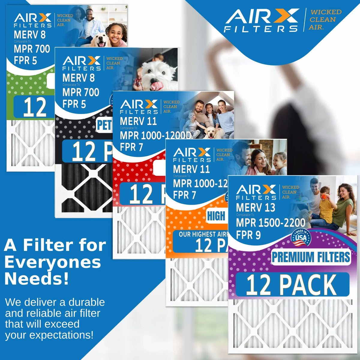 20x22x1 Air Filter MERV 8 Rating, 12 Pack of Furnace Filters Comparable to MPR 700 & FPR 5 - Made in USA by AIRX FILTERS WICKED CLEAN AIR.