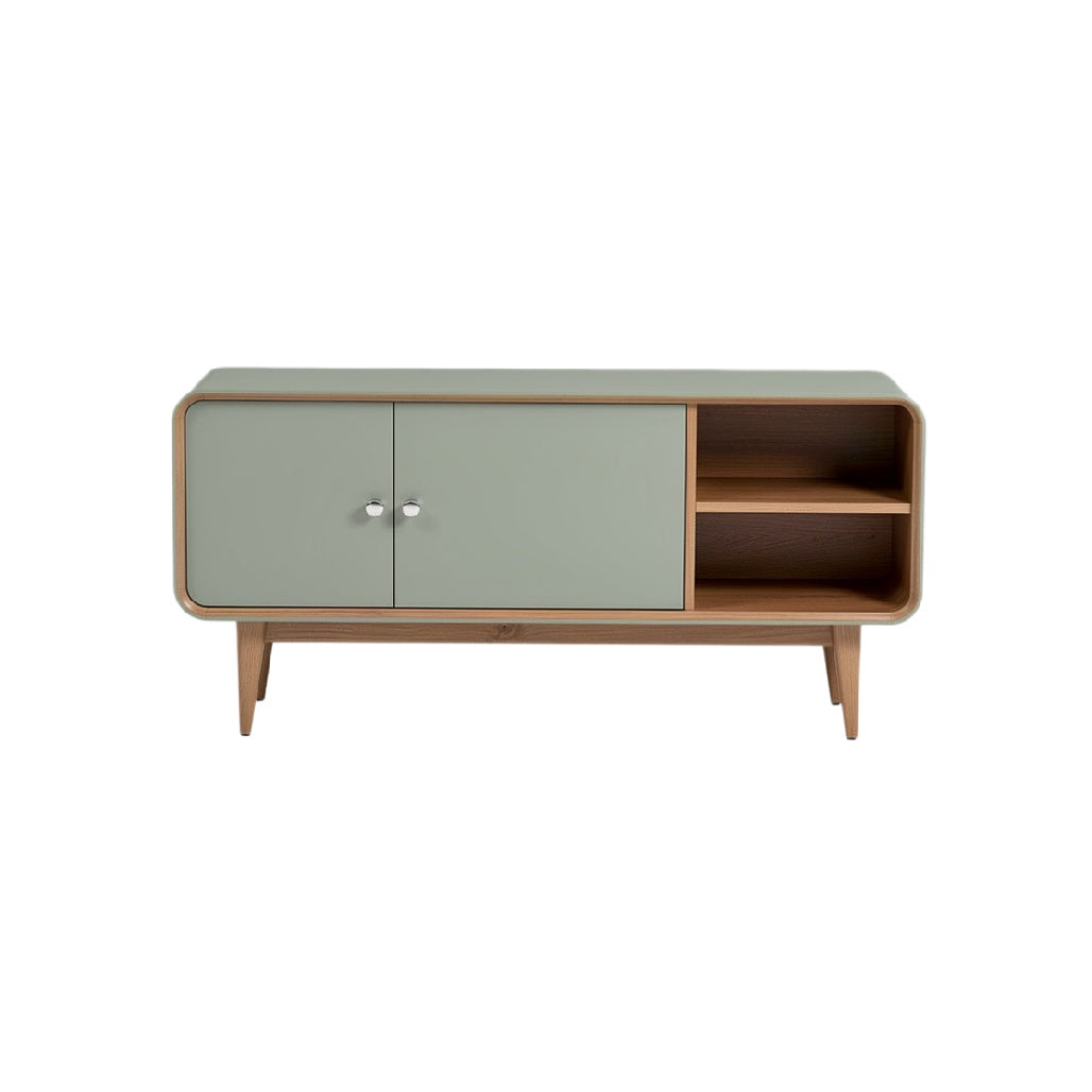 Mid-Century Modern Wooden Sideboard with Green Door and Open Shelf