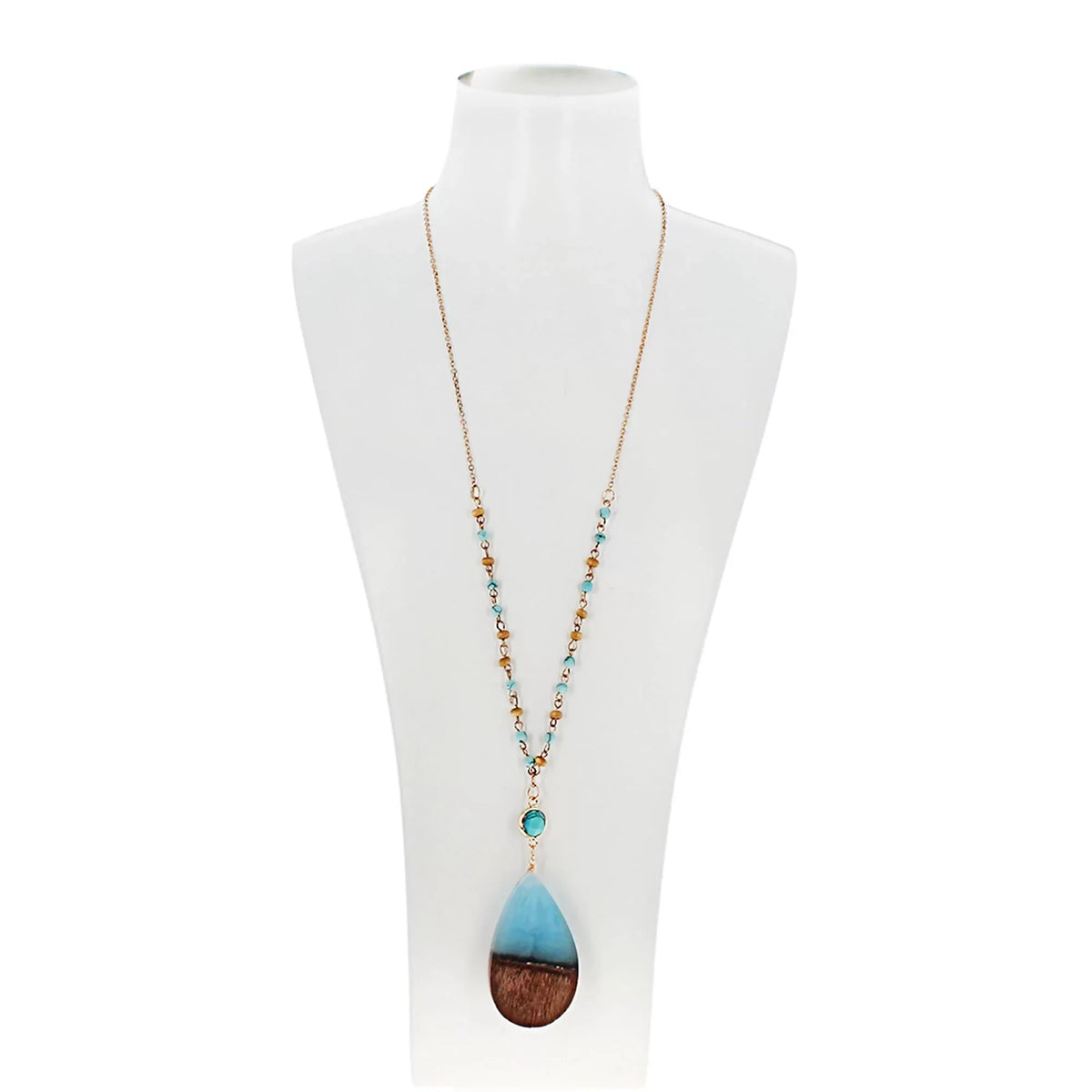 Blue Box Boutique Inc Aqua Resin Wood Pendant Beaded Chain Necklace for Women, Tenes | Wood Anniversary Gift