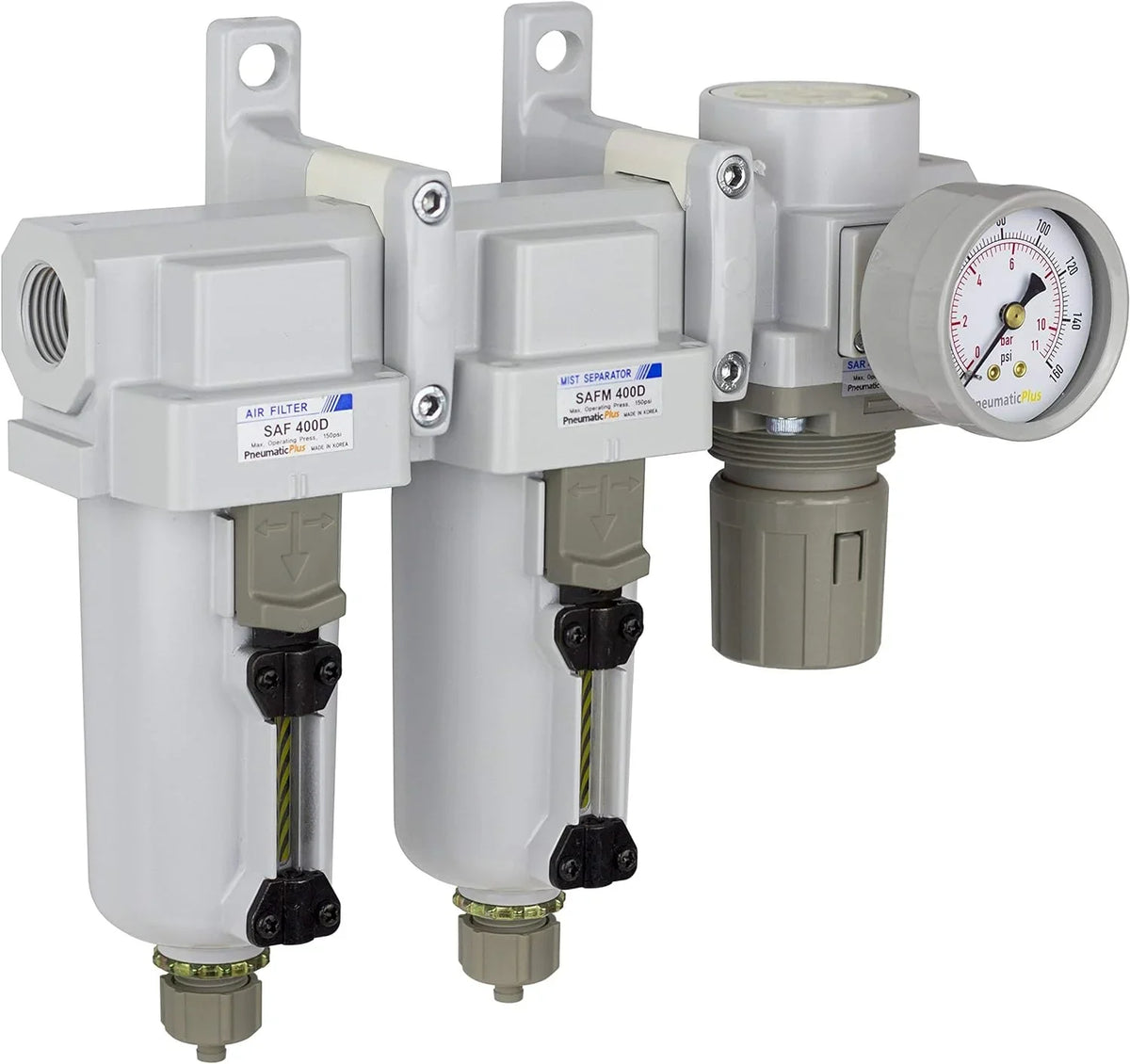 3 Stage Compressed Air Filter Dryer System - ParticuLatitudee Air Filter, Coalescing Air Filter, Compressed Air Pressure ReguLatitudeor Combo, 1/2" NPT - Metal Bowl, Manual Drain
