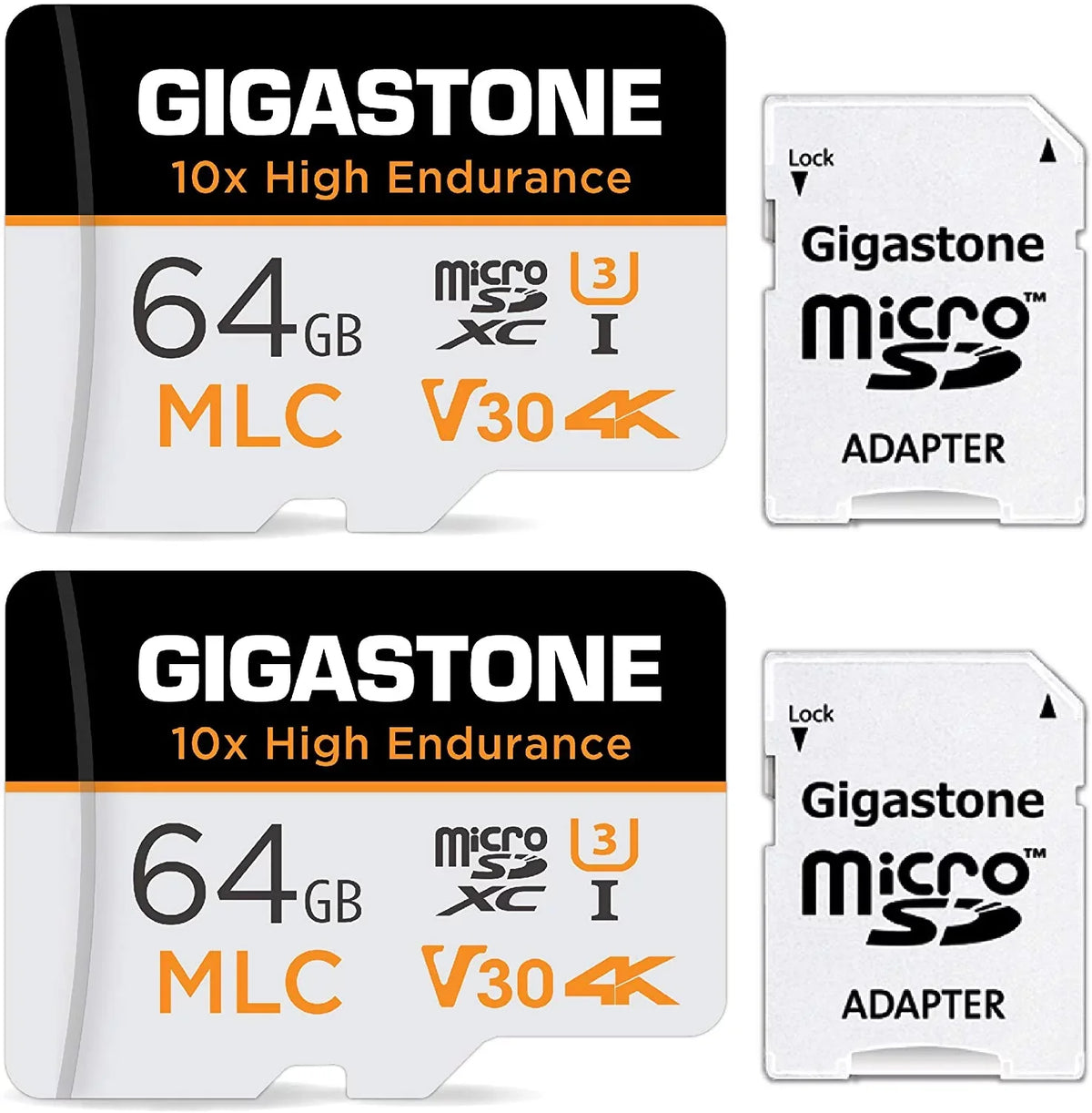 Gigastone 64GB MLC Micro SD Card, 10x High Endurance (MLC) 4K Video Recording, Security Cam, Dash Cam, Surveillance Compatible 100MB/s, U3 C10, 2 Pack (2x64GB)