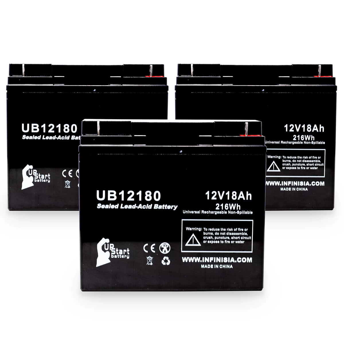 3x Pack - Compatible DATASCOPE 14600003401 Battery - Replacement UB12180 Universal Sealed Lead Acid Battery (12V, 18Ah, 18000mAh, T4 Terminal, AGM, SLA)