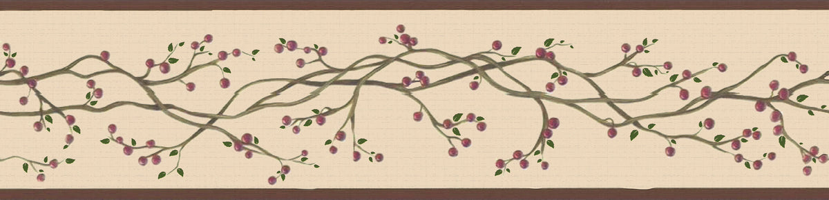 Dundee Deco Peel and Stick Wallpaper Border - Retro Red, Sepia Winterberries on Vine, 15 ft x 7 in