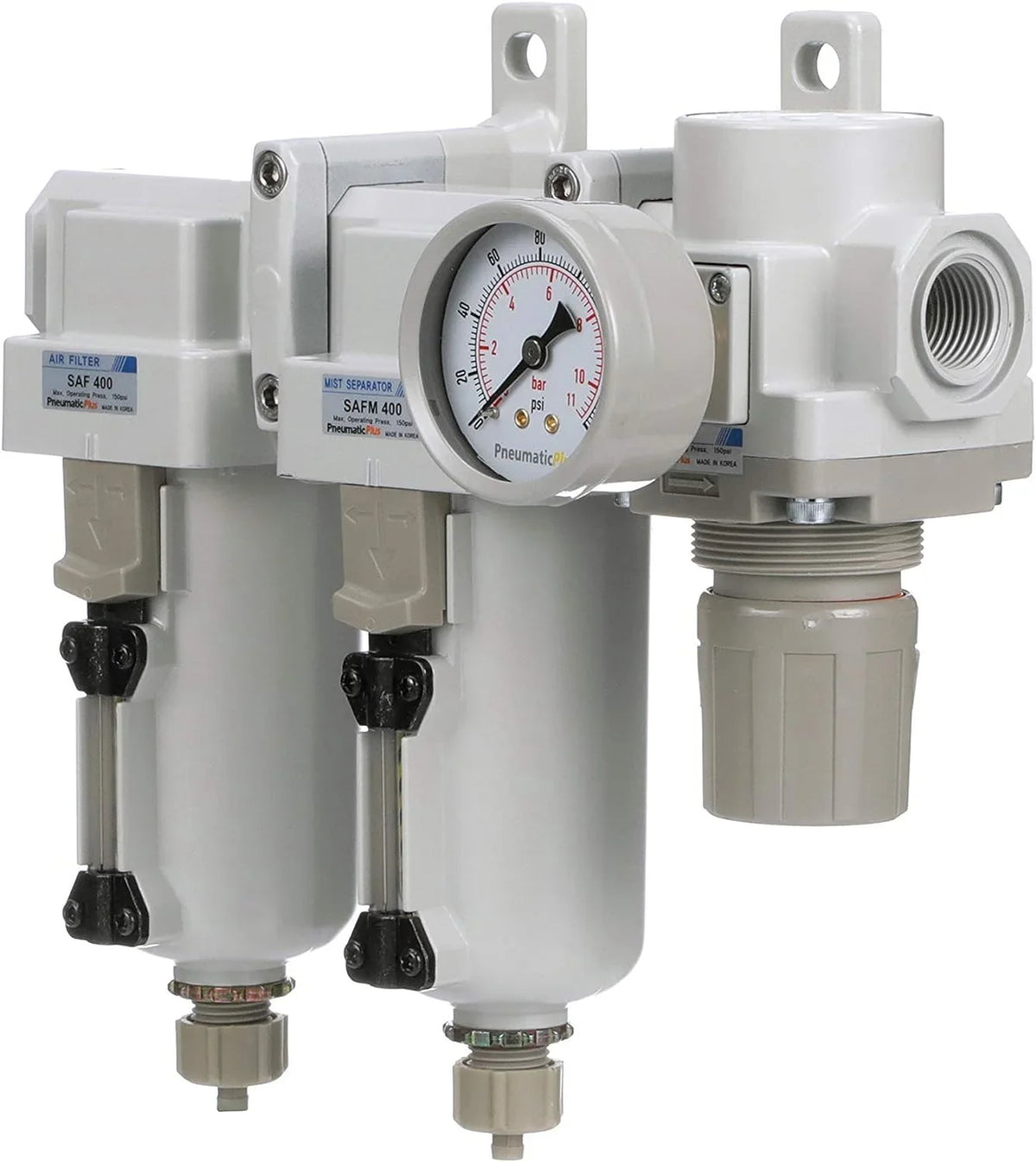 3 Stage Compressed Air Filter Dryer System - ParticuLatitudee Air Filter, Coalescing Air Filter, Compressed Air Pressure ReguLatitudeor Combo, 1/2" NPT - Metal Bowl, Manual Drain