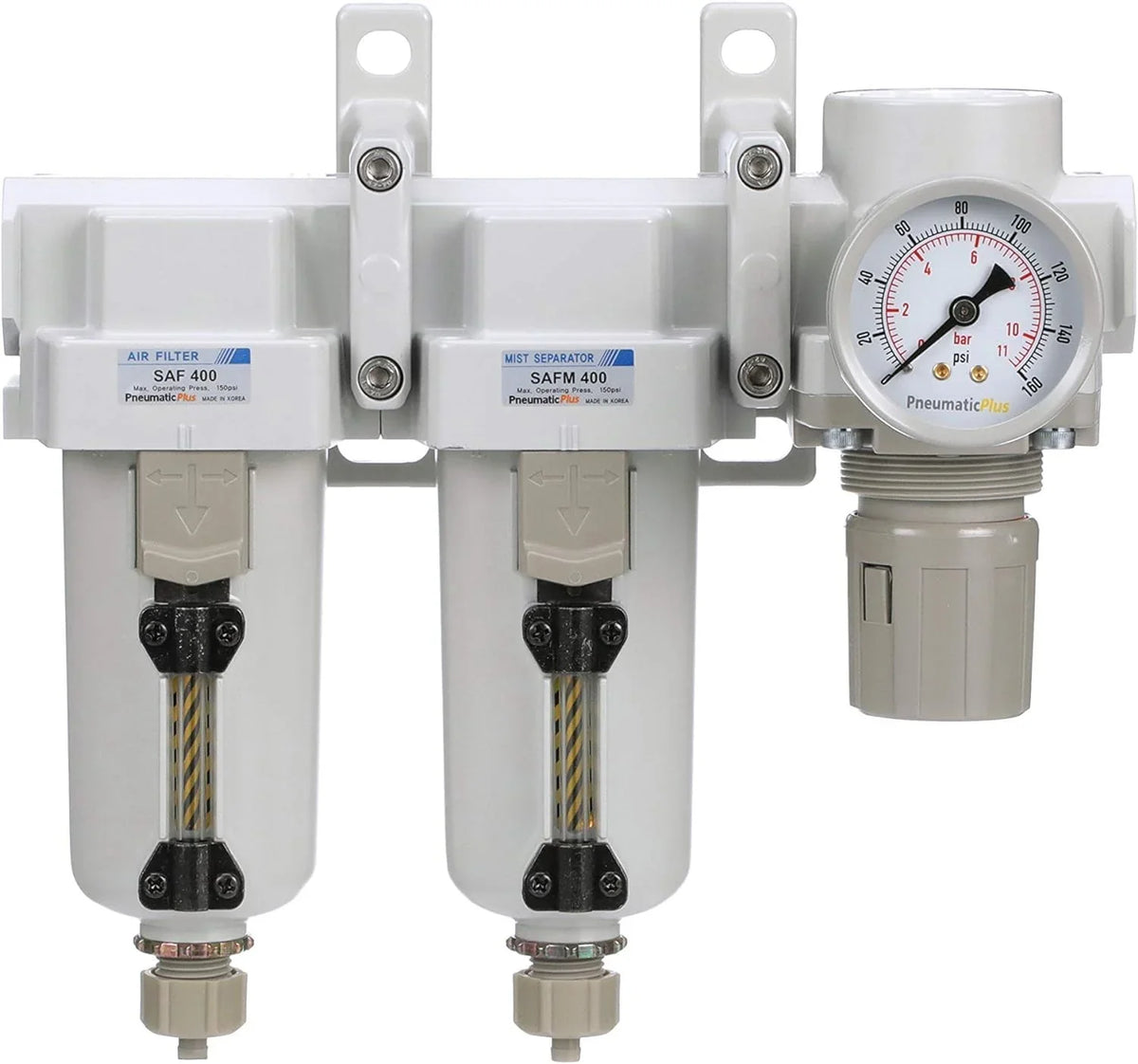 3 Stage Compressed Air Filter Dryer System - ParticuLatitudee Air Filter, Coalescing Air Filter, Compressed Air Pressure ReguLatitudeor Combo, 1/2" NPT - Metal Bowl, Manual Drain