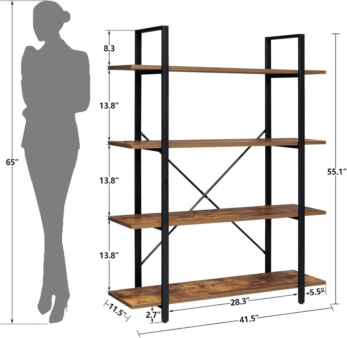 DIQIN 4-Tier Bookshelf, Tall Bookcase with Metal Frame, Book Shelf, Open Display Shelves for Living Room, Bedroom, Home Office, Rustic Brown