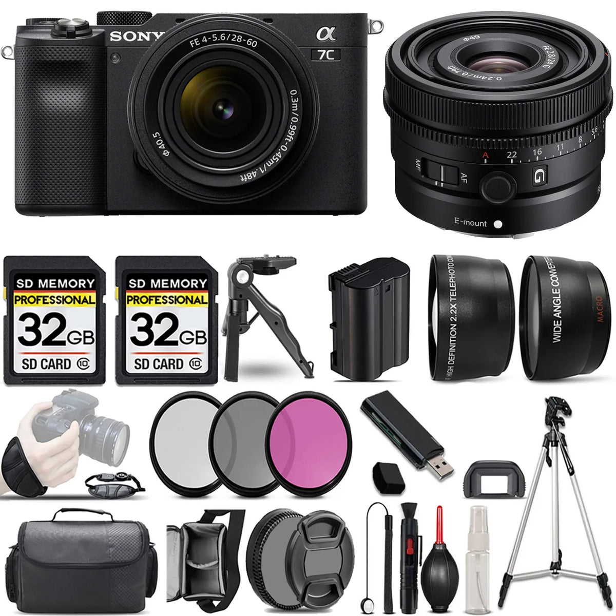 a7C Mirrorless Camera (Black) with 28-60mm Lens+24mm f/2.8 G Lens +3 PC Filter +64GB