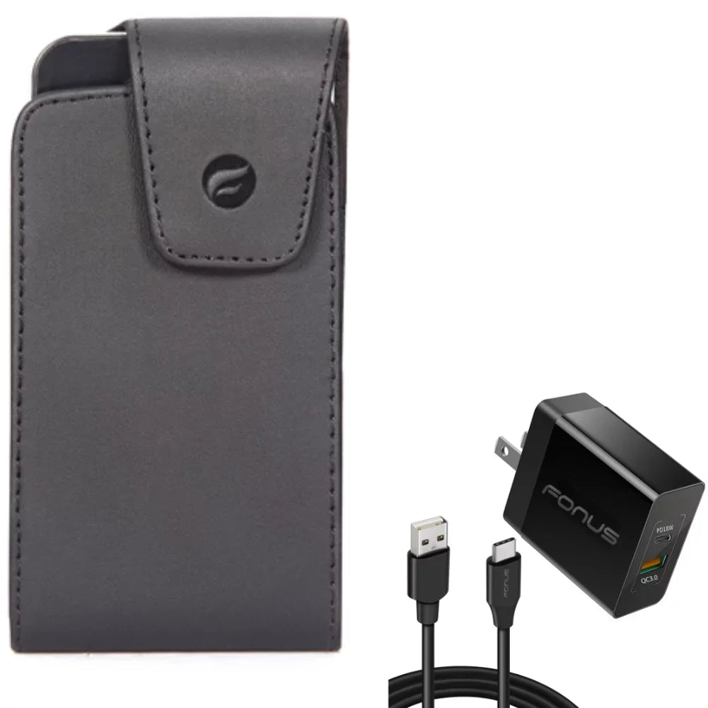 6ft Long Cable Fast Type-C 36W PD Home Charger w Swivel Leather Case Belt Clip for Motorola Moto Z Force Droid, Revvlry Plus, G7 - OnePlus 6T, 6 - Razer Phone 2 -  Galaxy S9 S8 S22 Plus